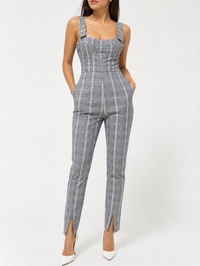 NWT WeWoreWhat Corset Overalls Plaid Jumpsuit Buckle Strap Stretch Gray M